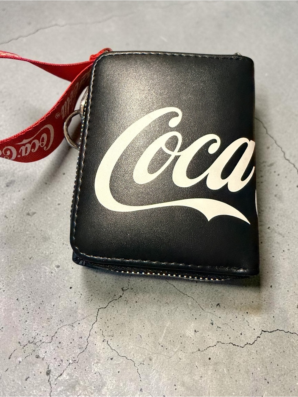 Coca Cola Black Wallet with White Logo and Red Lanyard